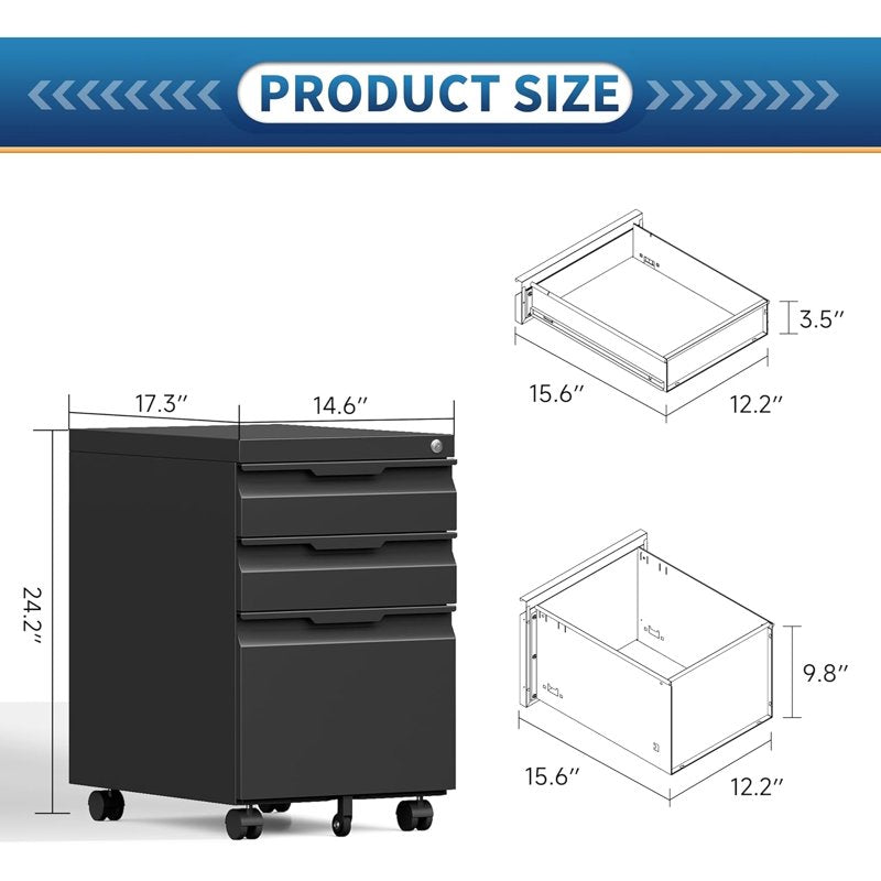 Locking 3-Drawer Metal File Cabinet on Wheels for Office & Home Storage