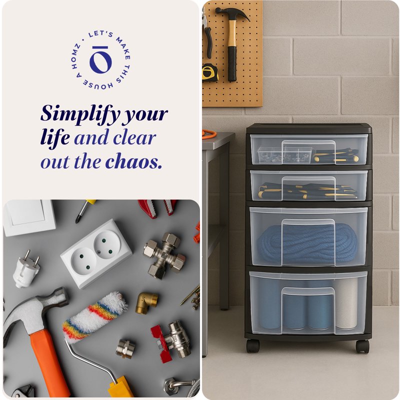 Black Plastic 4-Drawer Storage Container Organizer - Home & Closet Use