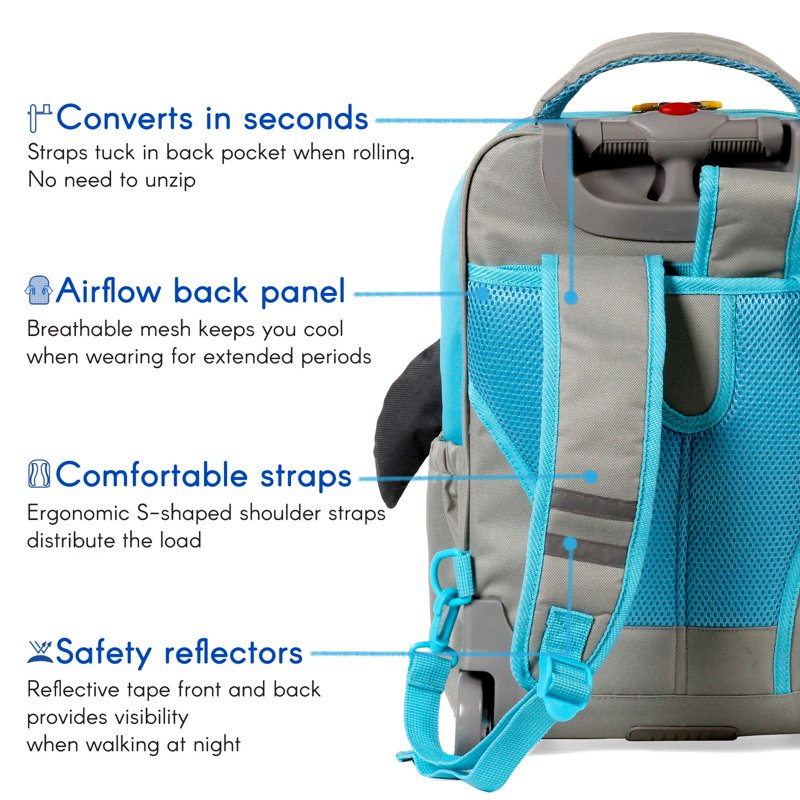 Kids Rolling Backpack with Detachable Shoulder Straps - Convertible School & Travel Bag