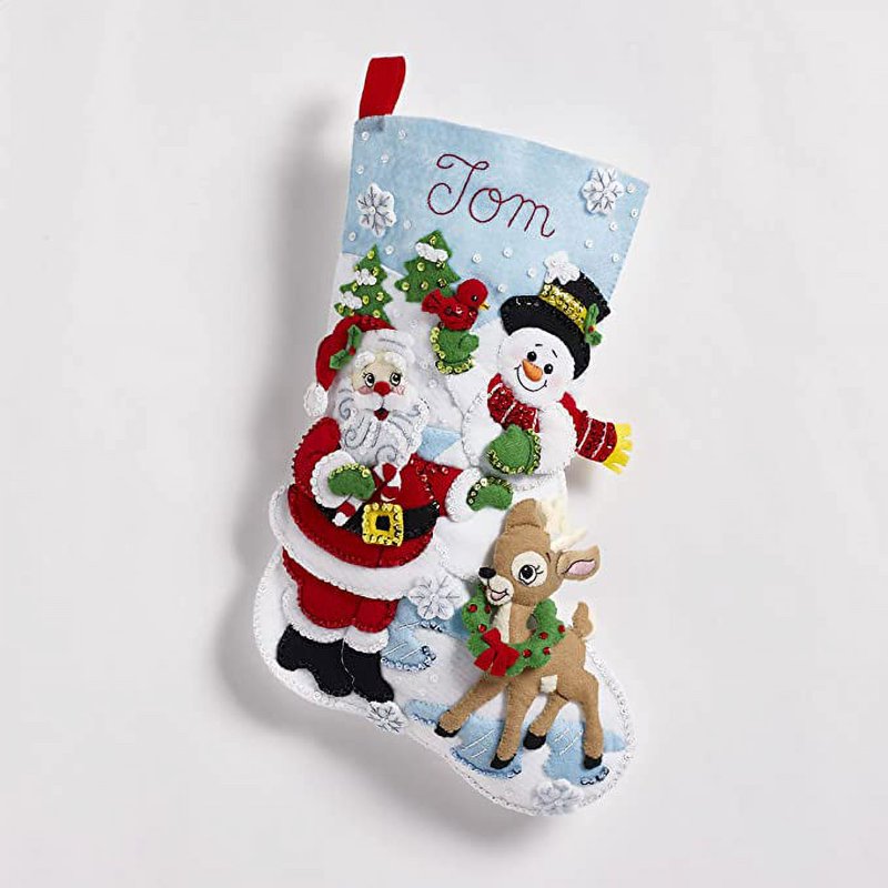 Holiday Felt Stocking Kit - Santa, Snowman & Reindeer Design, 18 Inches