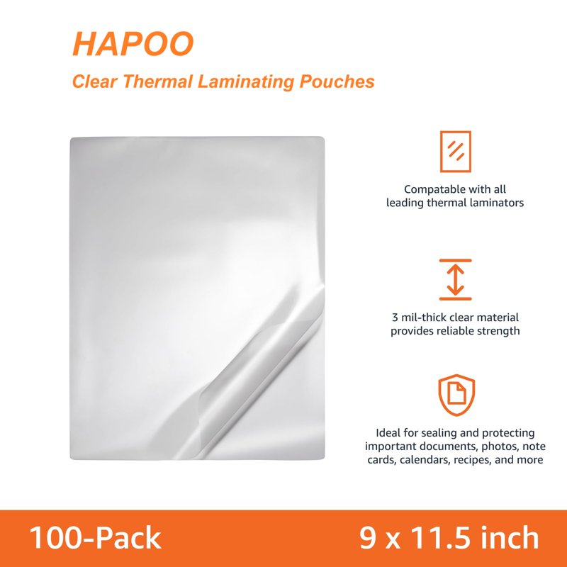 Thermal Laminating Pouches 9x11.5 Inch, 3 Mil Clear Sheets - 100 Pack