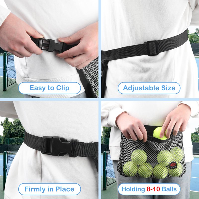 Tennis Ball Holder Waist Bag for 8-10 Balls, Adjustable Pouch - 2 Pack