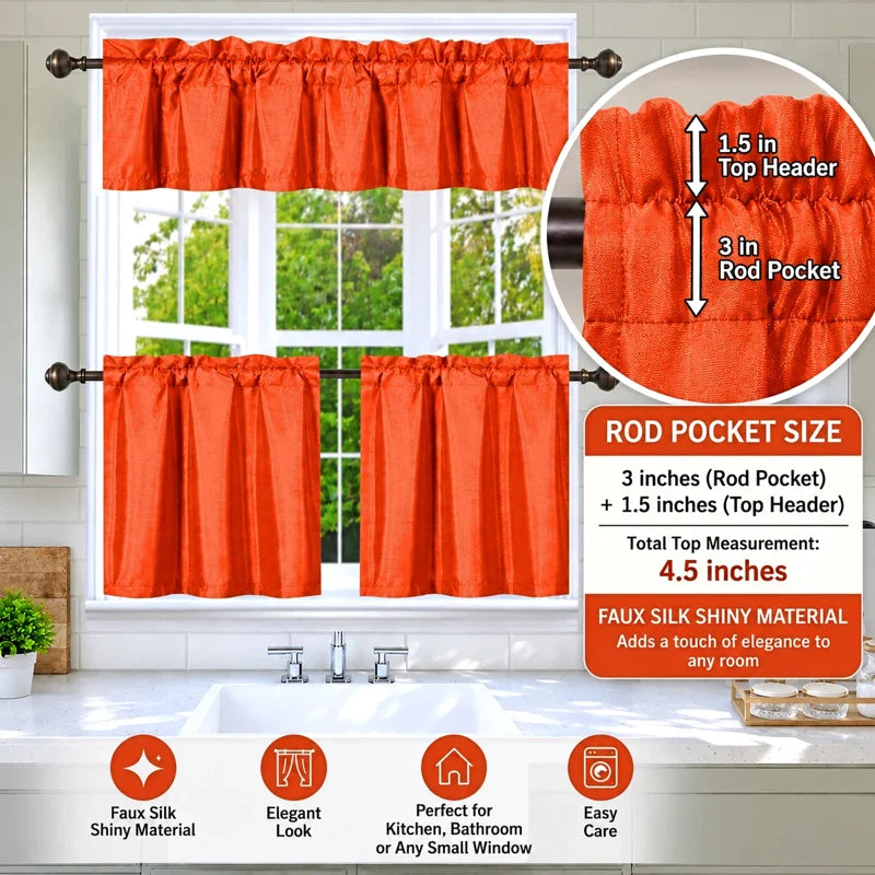3-Piece Faux Silk Blackout Kitchen Curtain Set - Room Darkening Window Treatment