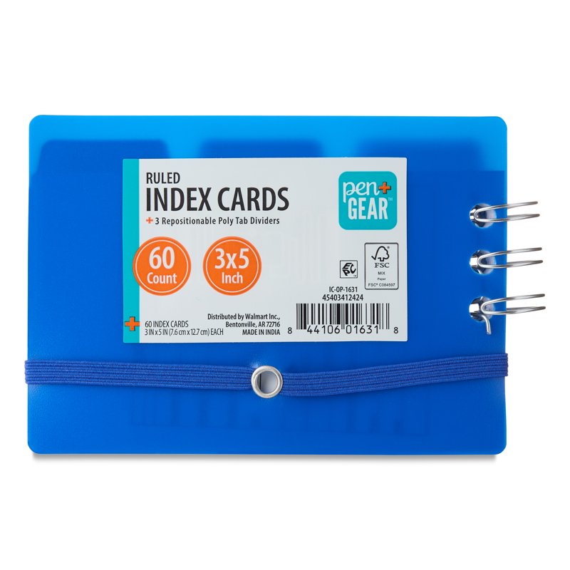 Ringed Poly Cover Ruled Index Cards - Blue, 3x5 Inches, 60 Count, 10 Pack