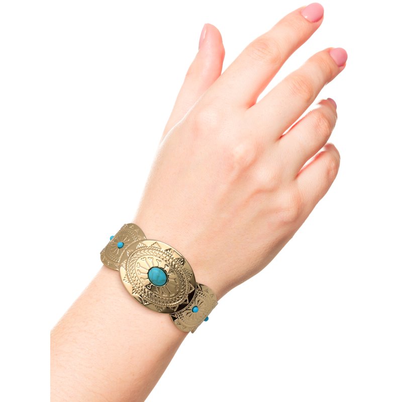 Women’s Gold-Tone Faux Turquoise Cuff Bracelet with Engraved Western Design