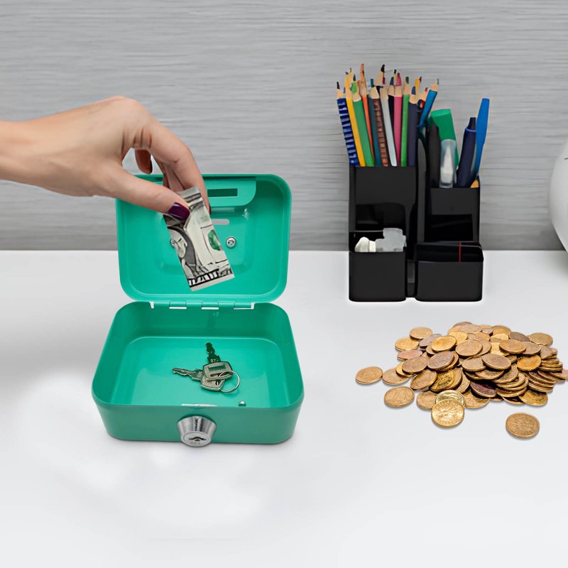 Mini Metal Cash Box with Lock and Handle - Coin & Money Organizer for Kids