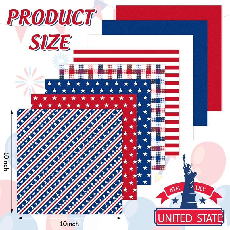 Patriotic Cotton Fabric Bundles 8pcs 10x10 Inch for 4th of July Quilting & DIY Crafts
