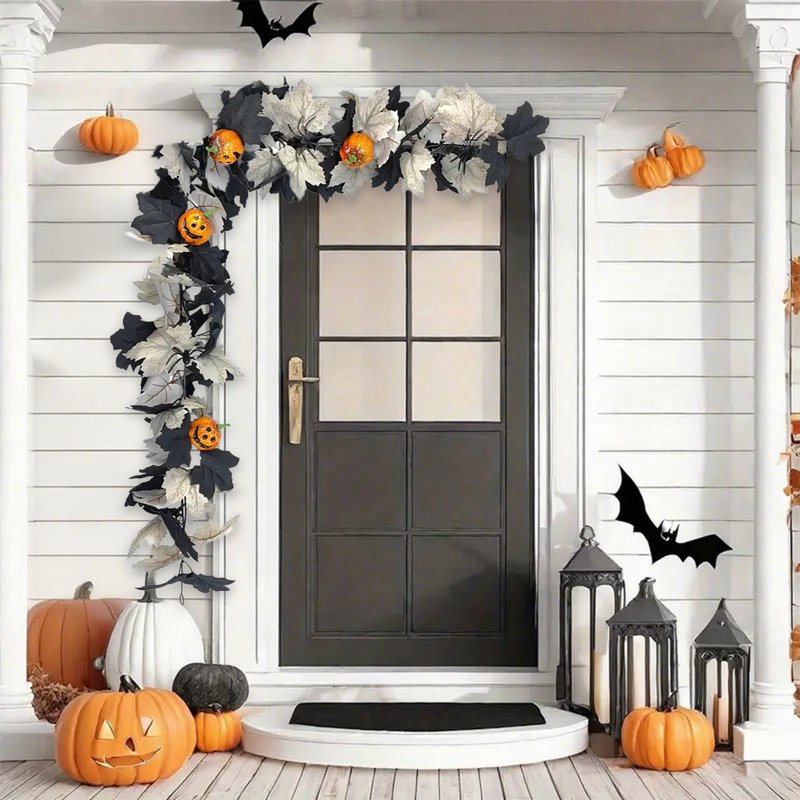 Halloween Pumpkin Garland with Fall Maple Leaves and Mini Pumpkins - Indoor Outdoor Holiday Decor