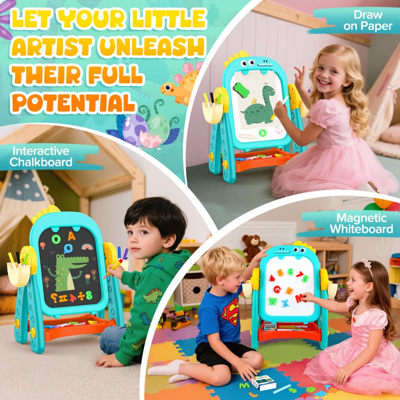 Kids Double Sided Chalkboard and Whiteboard Easel - Dinosaur Learning & Art Gift for Ages 2-6