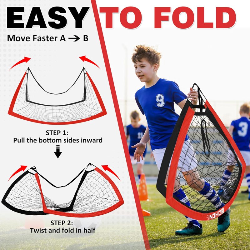 BOHEN 6x4ft Portable Soccer Goal Set with Carry Bag - Easy Fold, Red, 2 Pack