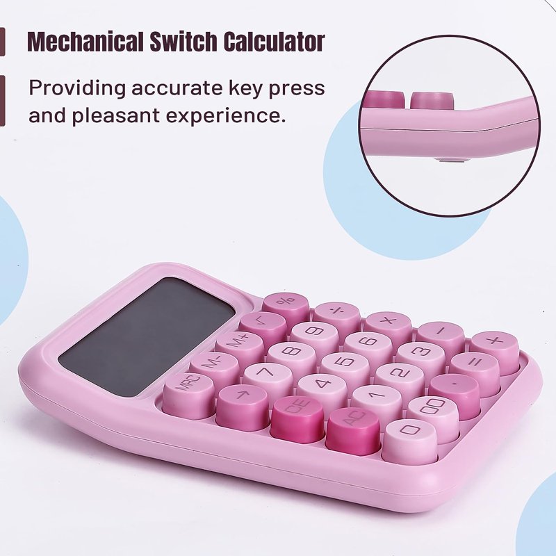 Pink 12-Digit Mechanical Calculator with Large LCD Display and Big Buttons