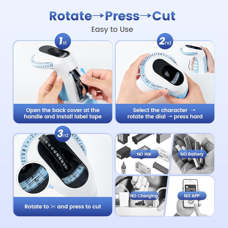 Manual Embossing Label Maker with 6 Tape Rolls - Handheld Vintage Label Printer for Organizing