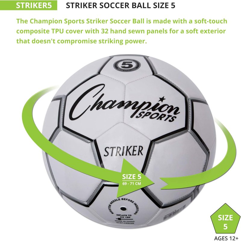 Champion Sports Striker Soccer Ball Size 5 - Black/White PU Cover, 32 Panels