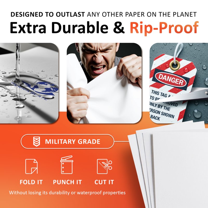 Waterproof Laser Printer Copy Paper - Legal Size 8.5x14, 8 Mil, 80lb Cover, Pack of 25 Sheets