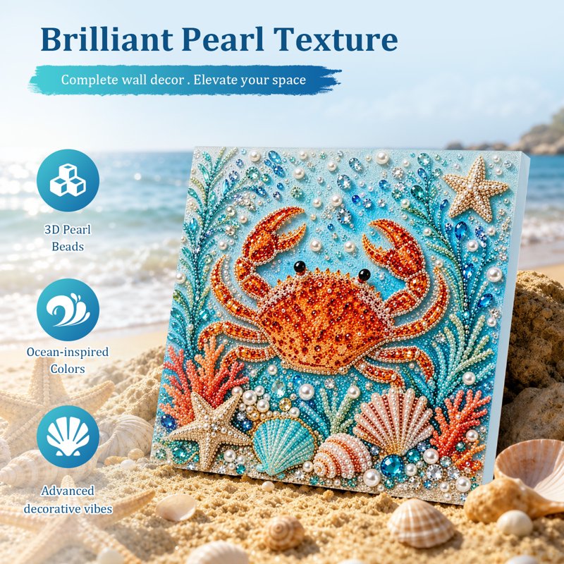 Crab Pearl Diamond Art Kit - 3D Ocean Scene, Framed 7.87x7.87 in (Variation: Crab)