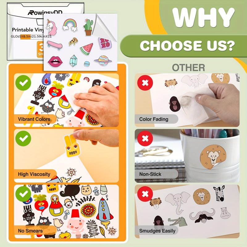 Printable Vinyl Sticker Paper for Inkjet & Laser Printers Waterproof 60 Sheets
