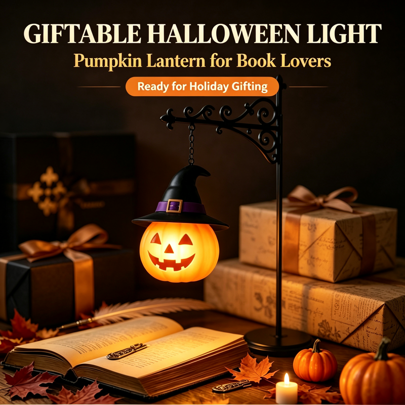 Hat Pumpkin Halloween Bookshelf Lamp - Vintage Ghost Library Light with Bookend Base