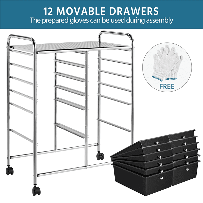 12-Drawer Mobile Storage Cart with Lockable Wheels, Steel Organizer