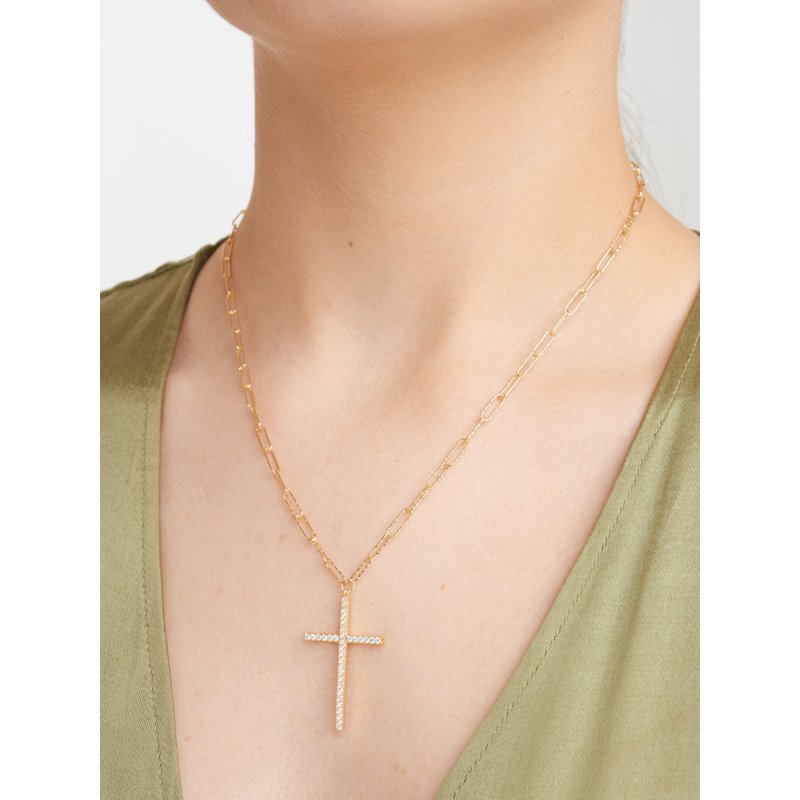 Gold & Silver Paperclip Necklace with Cubic Zirconia Cross - Gift for Her, 18" + 3" Extension