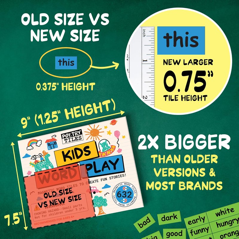 Kids Magnetic Word Play Set - 632 Color-Coded Sentence Building Magnets for Refrigerator