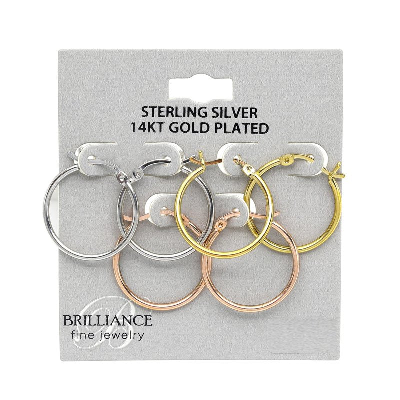 3 Tone Hoop Earrings Set - 14K Rose Gold, Gold Plated Sterling Silver 20mm