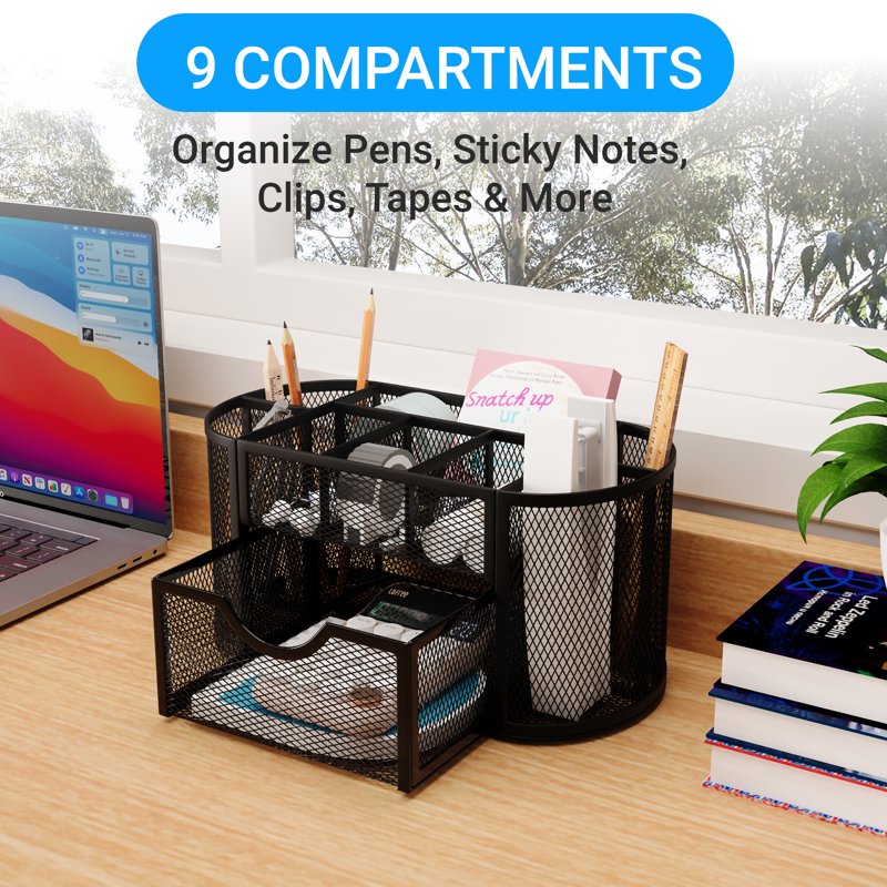 Desk Organizer with Drawers and Pen Holder - Mesh Office Storage, Black