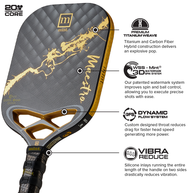 Mint Maestro Pickleball Paddle - Titanium Carbon Fiber Face, 20mm Polypropylene Core, USAPA Approved