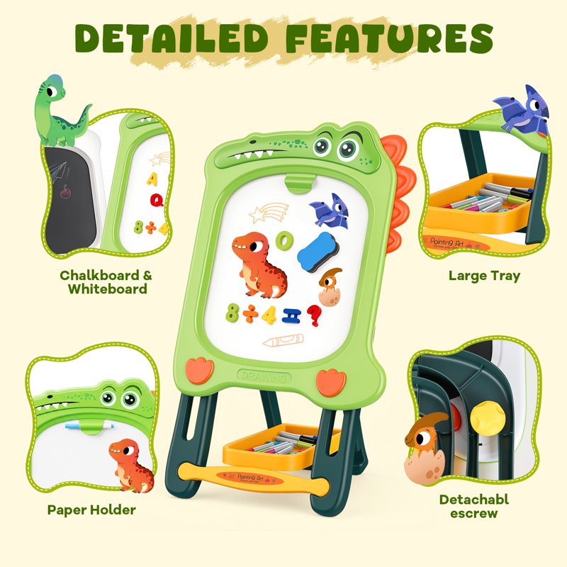 Kids Double-Sided Magnetic Whiteboard & Chalkboard Easel with Storage Tray - Dinosaur Design