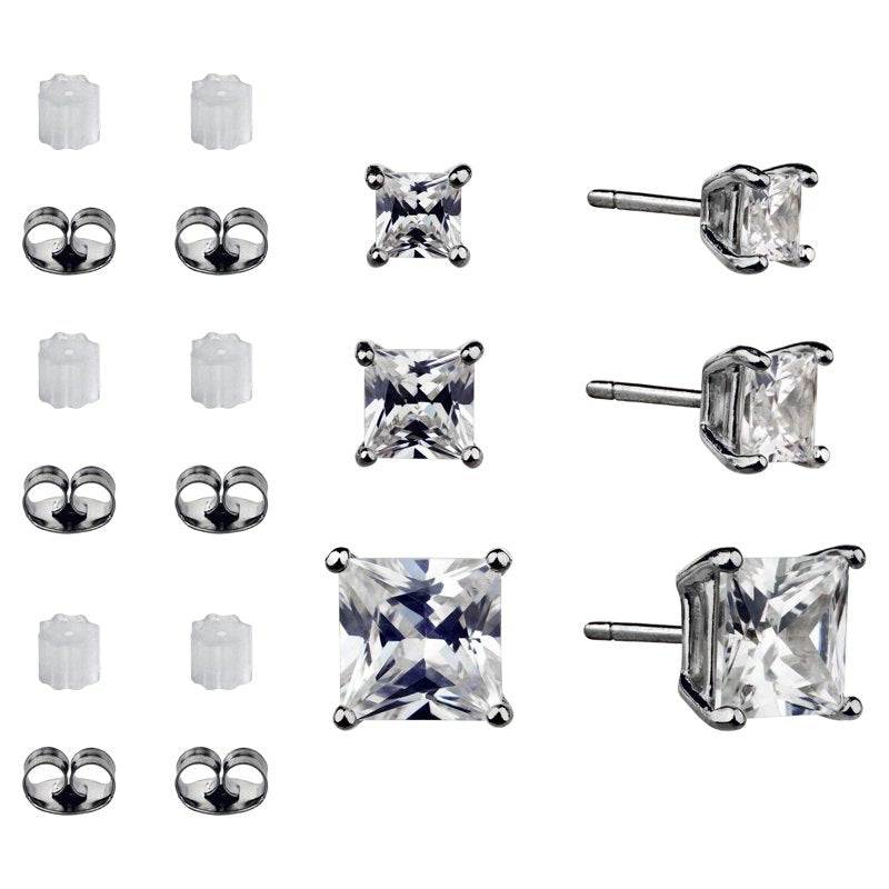 Sterling Silver Simulated Diamond Earring Set - Square Studs in Multiple Sizes