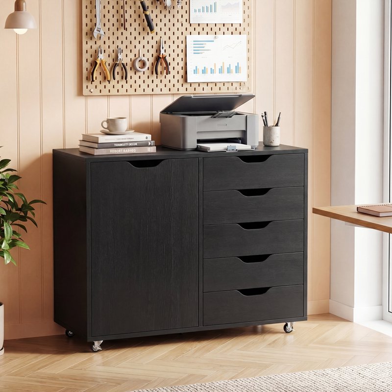 5-Drawer File Cabinet with Door and Adjustable Shelf - Rolling Home Office Storage