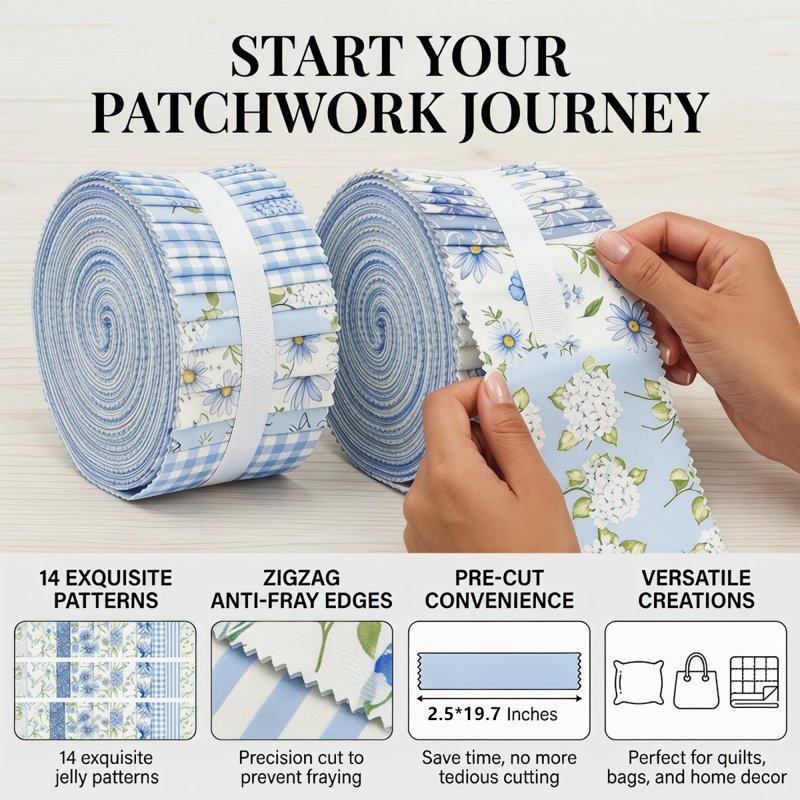 84-Piece Jelly Roll Fabric Strips Bundle for Quilting and Sewing - Blue Floral & Plaid Designs with Wavy Edges