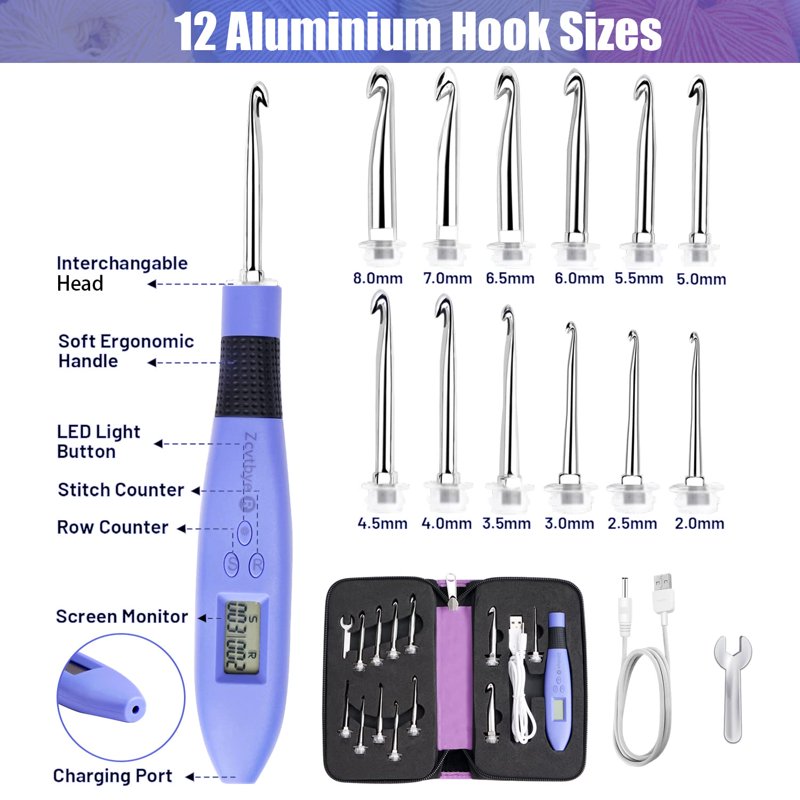Digital Crochet Hook Set with LED Light and Stitch Counter - Multiple Sizes