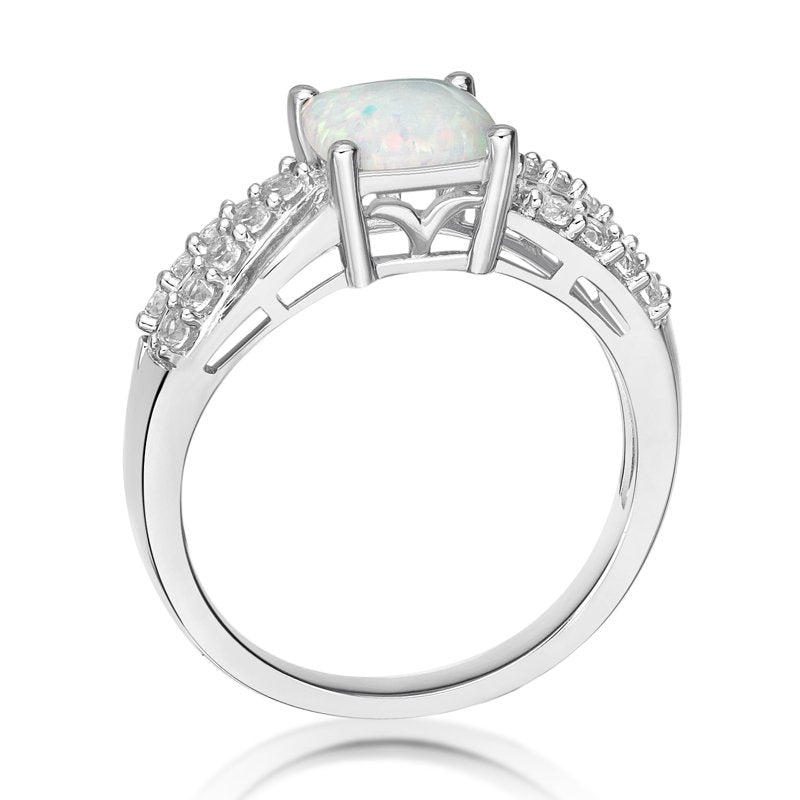 Sterling Silver Opal & White Sapphire Ring - Hypoallergenic, Adjustable Sizes