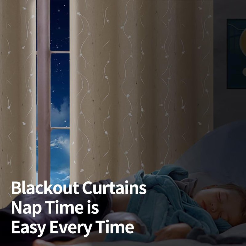 Blackout Curtains 95 Inch Length Set - Insulated Wave Line & Dots Design for Bedroom