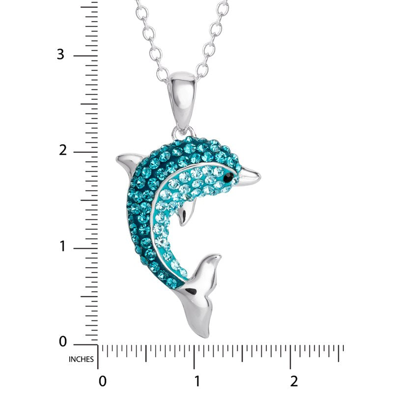Sterling Silver Dolphin Pendant Necklace with Crystals - 18 Inch Chain