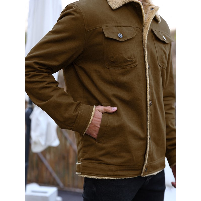 Men's Winter Trucker Jacket - Thick Thermal Fleece Lined Coat with Flap Pockets, Brown, 2XL