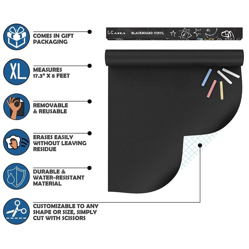 Large Chalkboard Wallpaper Peel & Stick - Clear Adhesive Wall Covering with Markers & Eraser, 1.4ft x 8ft for Home, School, Office