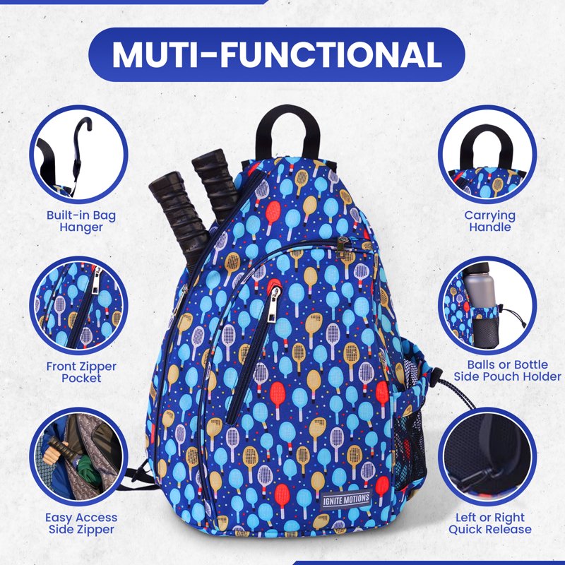 Ignite Motions Pickleball Sling Bag for Women & Men - Crossbody Backpack with Fence Hook, 4-Paddle Capacity, Water Bottle Holder (Variation: Paddles)