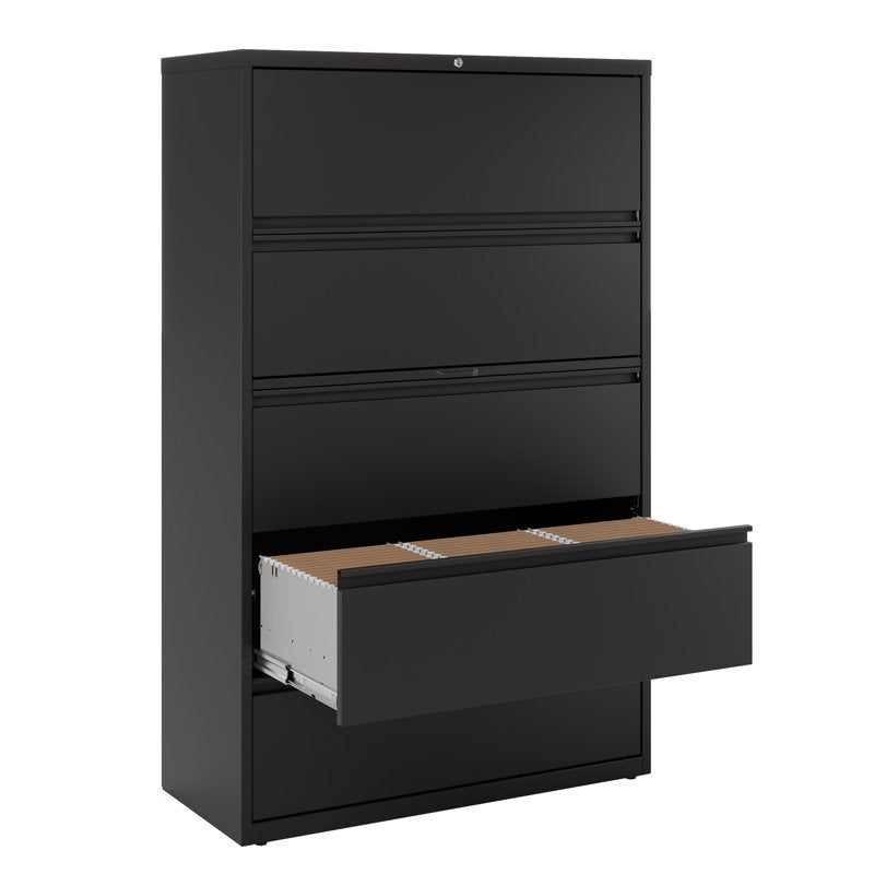 42-Inch Wide Metal 5-Drawer Lateral File Cabinet in Black - Heavy Duty Office Storage