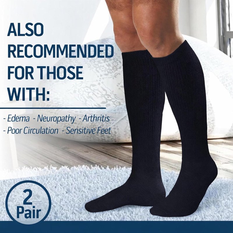 Diabetic Over The Calf Socks Non-Binding Cushioned Cotton Knee High Men Navy 6 Pairs