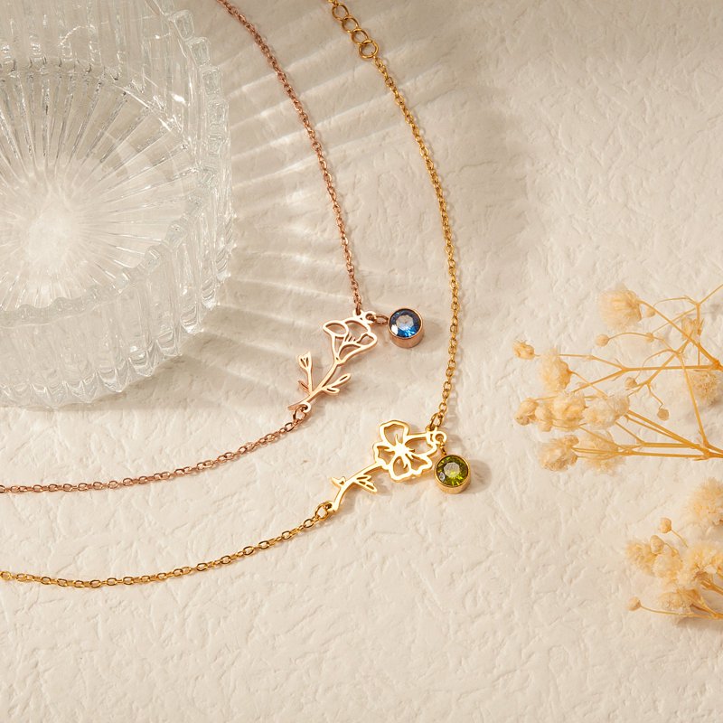 Personalized Birth Flower & Birthstone Bracelet for Women and Girls - Dainty Floral Jewelry