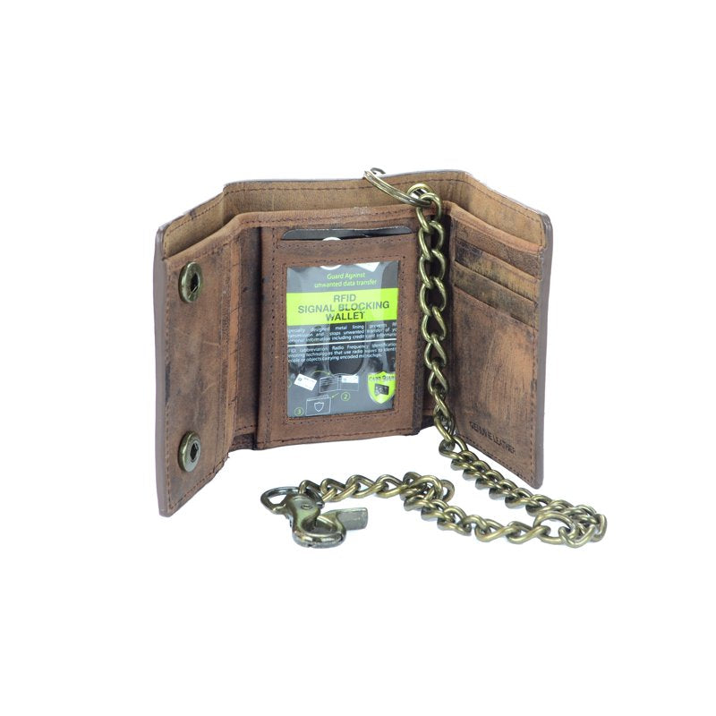Men's RFID Blocking Leather Wallet with Chain - Tri-Fold Design, Brown Distressed Leather