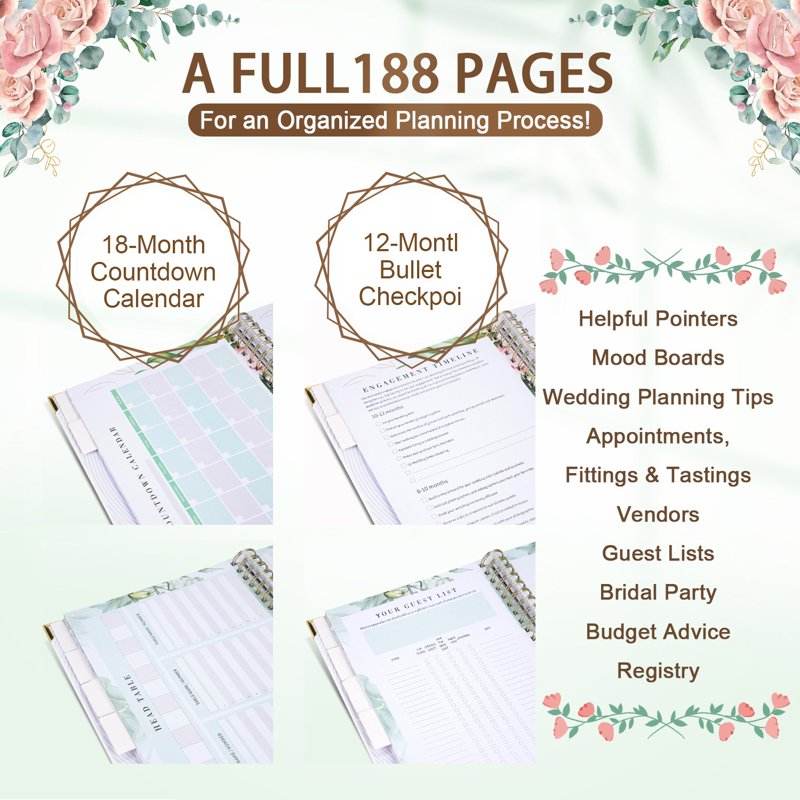 Wedding Planner Organizer with Countdown Calendar & Notes - 188 Pages, Multi-Color