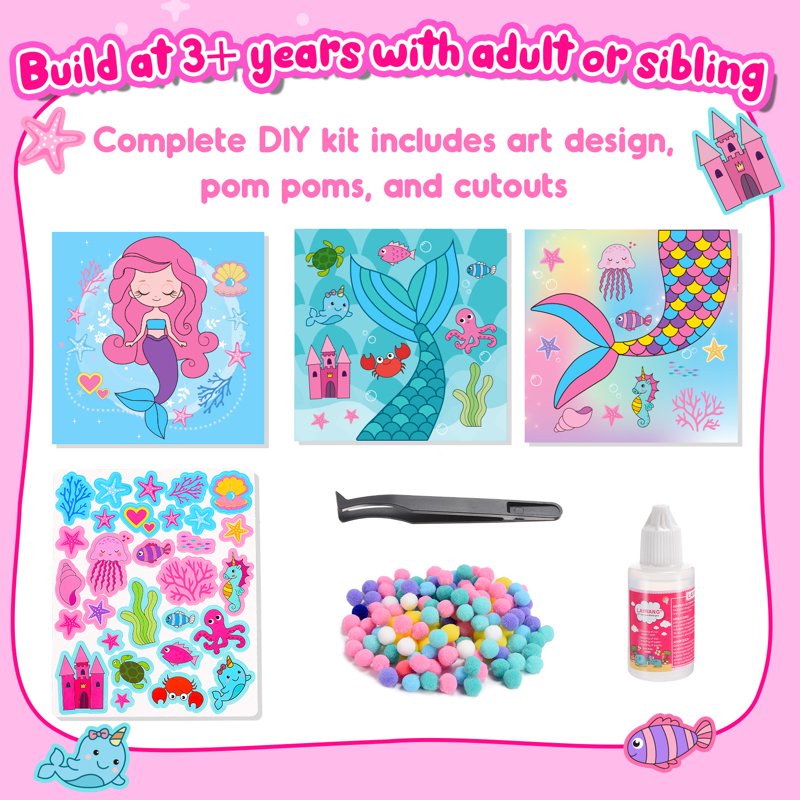 Kids Craft Kits for Girls Ages 3-6 DIY Mermaid & Unicorn Pom Pom Art Set