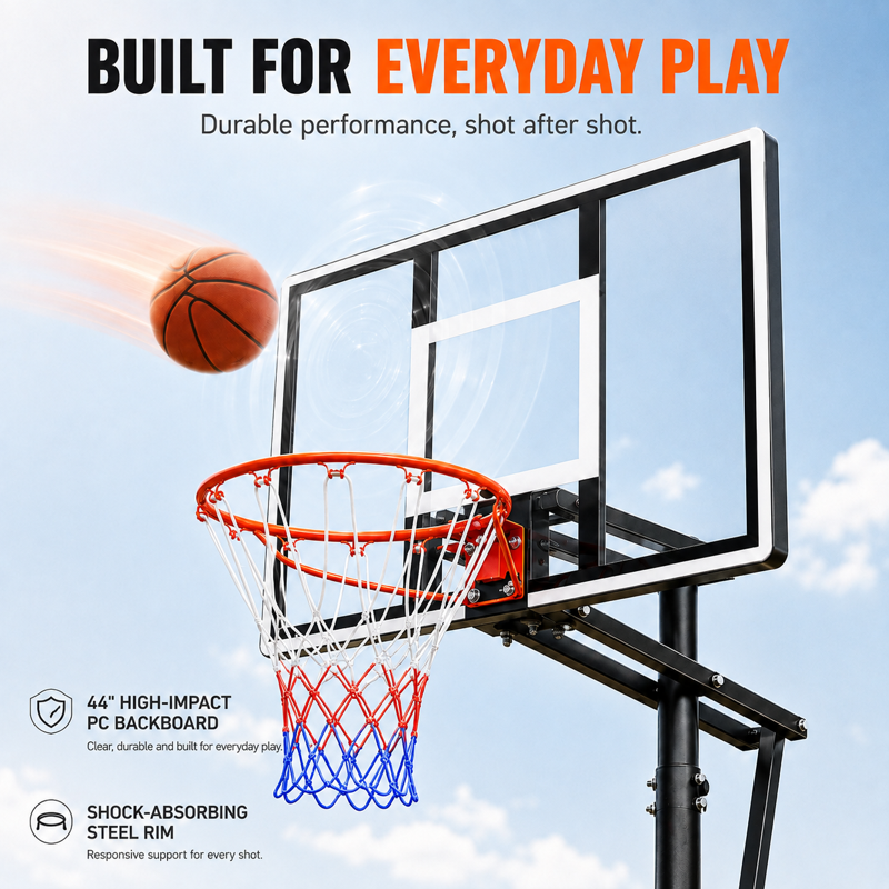 Portable Basketball Hoop with Adjustable Height 5.58-10 ft, 44-Inch Shatterproof Backboard & Rollers
