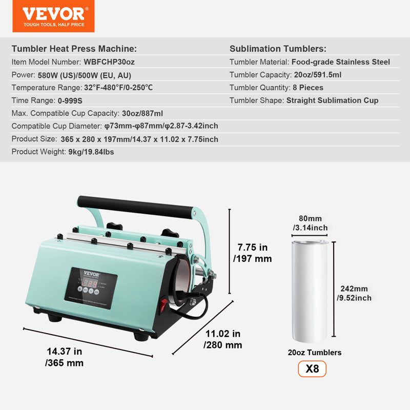 Tumbler Heat Press Machine Kit with 8 Sublimation Tumblers 20oz & Accessories