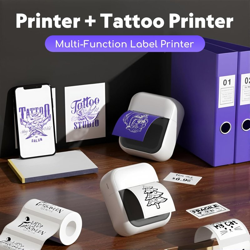 Mini Tattoo Stencil Printer & Thermal Label Printer with 20 Sheets - Inkless & Portable