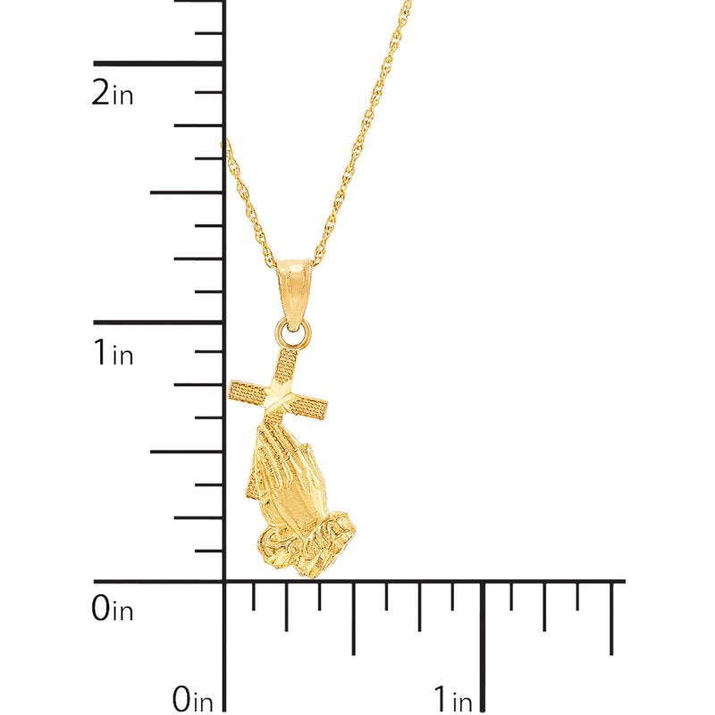 10K Gold Praying Hands Necklace with Cross Pendant, 14-Inch Gold Filled Chain