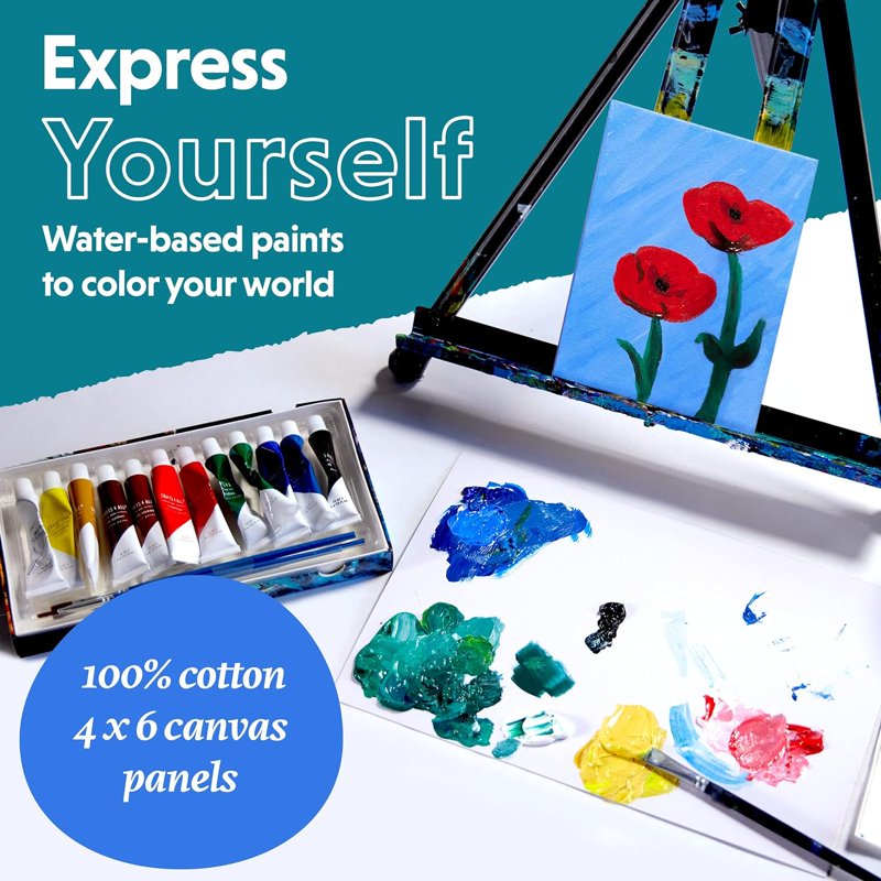 Acrylic Paint Set for Artists Kids & Adults - 12 Colors with 12 Brushes & Canvases
