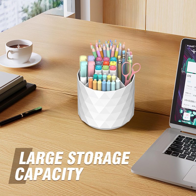 Rotating Pen Holder with 5 Compartments Desktop Organizer - Large Capacity Office Supplies